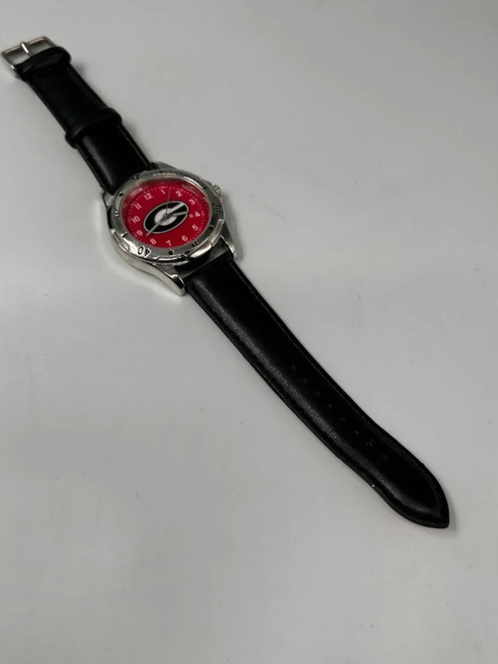Georgia Bulldogs Watch Men Silver Tone Black Faux Leather Band New Battery 9.5